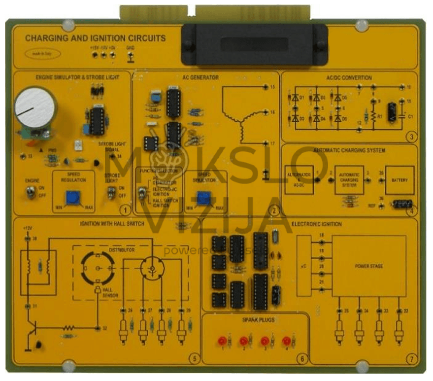 Įkrovimo ir uždegimo grandinių mokymo plokštė su variklio simuliatoriumi, generatoriumi, AC/DC keitimu, automatine įkrovimo sistema ir elektroninio uždegimo grandinėmis.