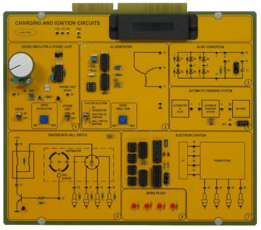 Įkrovimo ir uždegimo grandinių mokymo plokštė su variklio simuliatoriumi, generatoriumi, AC/DC keitimu, automatine įkrovimo sistema ir elektroninio uždegimo grandinėmis.