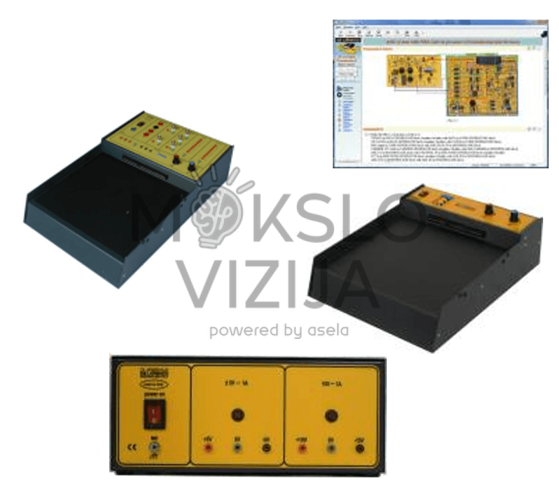 Automobilių elektros laboratorinė sistema su mokymo plokšte, baziniu rėmu, maitinimo šaltiniu ir kompiuterine mokymo programine įranga.