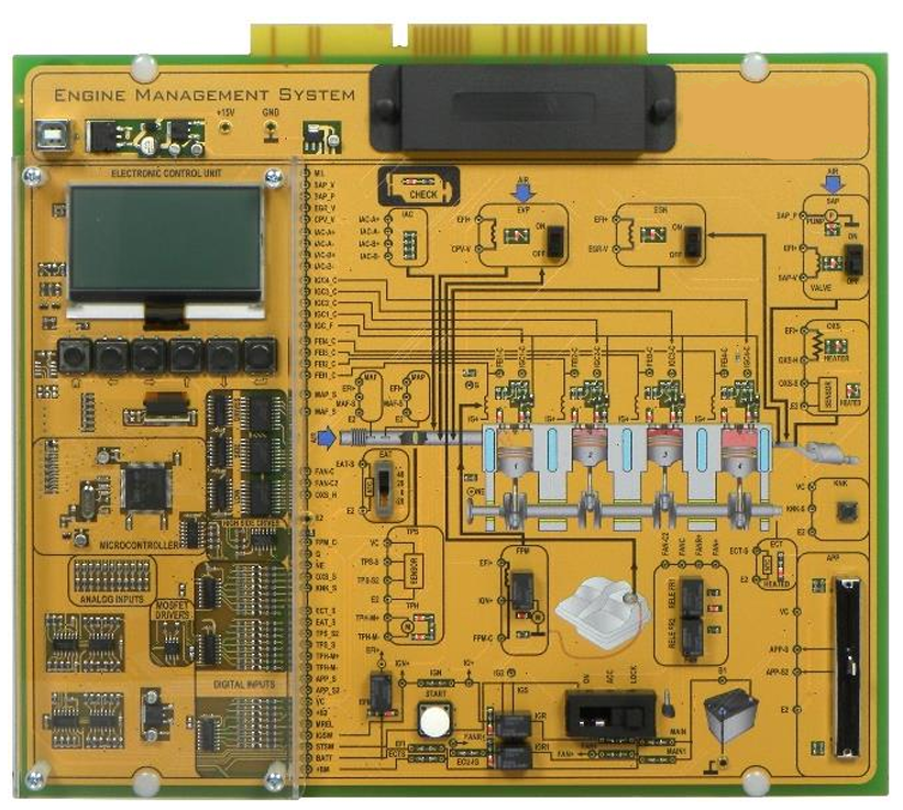 Variklio valdymo sistemos mokymo plokštė su ECU, LCD ekranu, jutiklių ir vykdiklių grandinėmis automobilių diagnostikos mokymams.