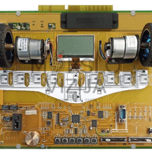 Automobilio stabdymo galios valdymo mokymo plokštė su dviem varikliais, ratais, LCD ekranu ir elektroniniais komponentais, skirta ABS, ASR ir ESP sistemų mokymui ir analizei.
