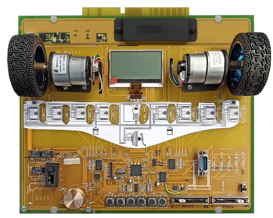Automobilio stabdymo galios valdymo mokymo plokštė su dviem varikliais, ratais, LCD ekranu ir elektroniniais komponentais, skirta ABS, ASR ir ESP sistemų mokymui ir analizei.