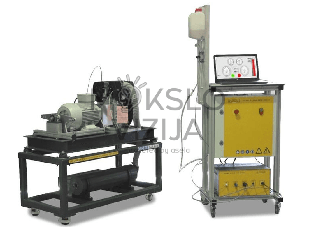 Dyzelinio variklio bandymų stendas su variklio moduliu ir valdymo spintele, skirta bandymams, parametrų stebėjimui ir duomenų registravimui.