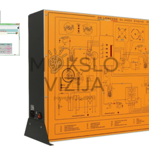 Variklio užvedimo mokymo stendas DL AM02 su oranžine simuliacine panelė, užvedimo ir uždegimo schemomis, valdymo jungtimis bei kompiuterinės programos langais ekrane.