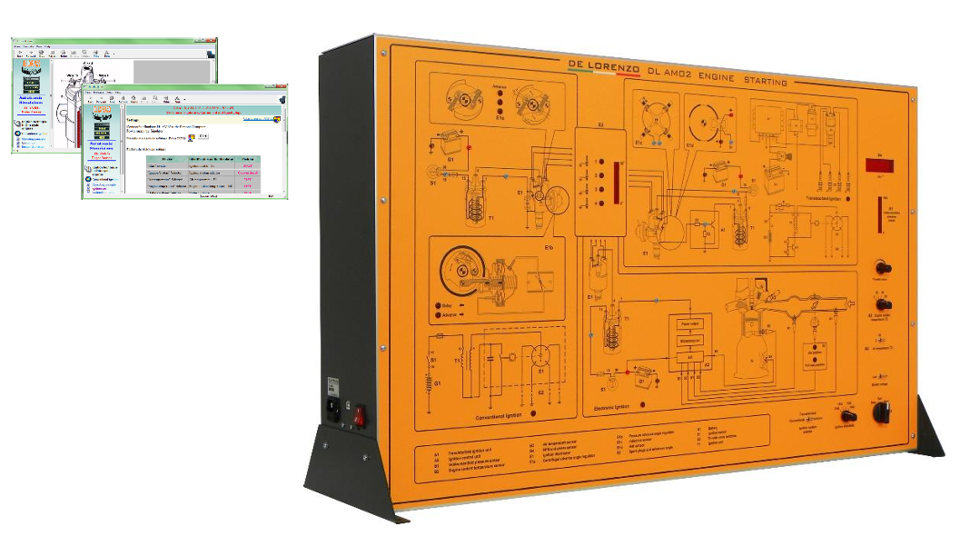 Variklio užvedimo mokymo stendas DL AM02 su oranžine simuliacine panelė, užvedimo ir uždegimo schemomis, valdymo jungtimis bei kompiuterinės programos langais ekrane.