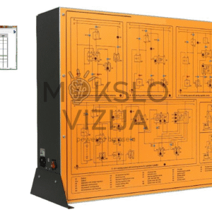 Oranžinis automobilių elektros mokomasis simuliacinis stendas su schemomis ant priekinio skydelio ir kompiuterinės CAI programos langais, skirtas variklio paleidimo ir įkrovimo sistemų mokymui.