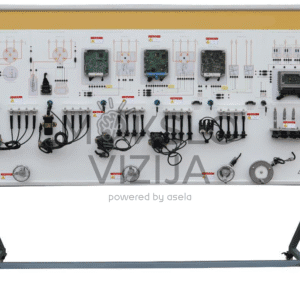 Pilnas variklio uždegimo sistemos mokomasis stendas ant rėmo su realiais komponentais ir testavimo taškais, skirtas automobilių elektros ir elektronikos mokymui