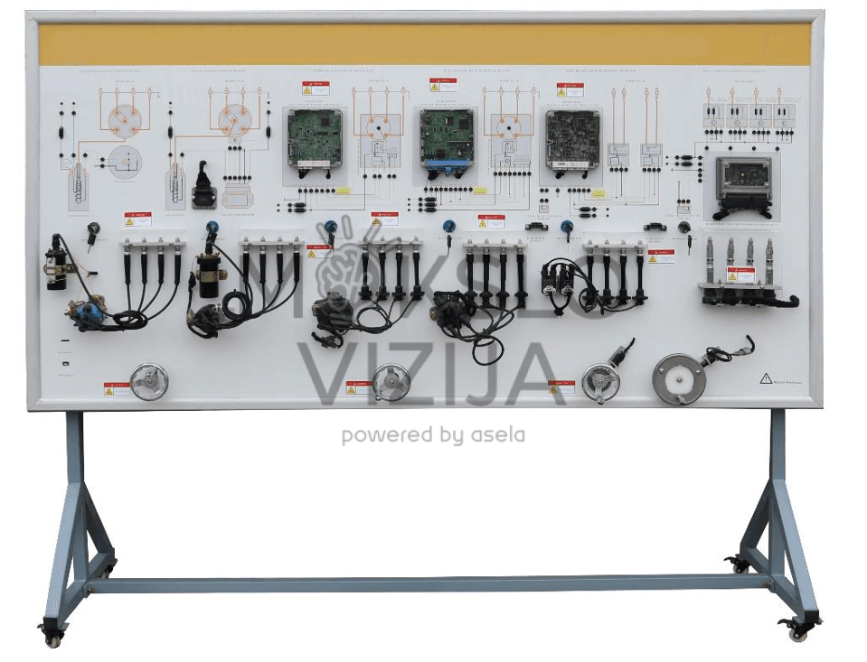 Pilnas variklio uždegimo sistemos mokomasis stendas ant rėmo su realiais komponentais ir testavimo taškais, skirtas automobilių elektros ir elektronikos mokymui