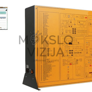 Pagalbinių automobilio elektros sistemų mokymo stendas su schemomis ir jungtimis, skirtas signalizacijos ir apsaugos nuo vagystės sistemai, elektriniams langams, elektriniam sėdynių reguliavimui, apšvietimo automatiniam valdymui, radijo sistemai, kruizo kontrolei ir elektriniam stoglangiui simuliuoti, valdomas kompiuterine programine įranga.