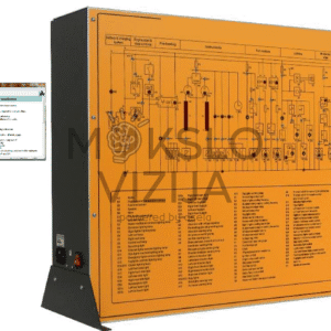 Pramoninių transporto priemonių elektros sistemų mokymo stendas su išsamia sinoptine schema, vaizduojančia dyzelinių autobusų ir sunkvežimių maitinimo, paleidimo, uždegimo, kuro įpurškimo, apšvietimo, signalizacijos, aušinimo, valytuvų ir pagalbinių sistemų elektros grandines, valdomas per kompiuterinę mokymo programinę įrangą.
