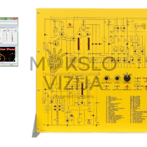 Geltonas automobilių elektros sistemų simuliacinis mokymo stendas su detaliomis elektros schemomis, valdymo elementais ir indikacinėmis lemputėmis, šalia pavaizduoti kompiuterinės mokymo programos langai.