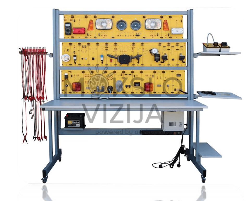Modulinis transporto priemonės elektros ir apšvietimo mokymo stendas ant stalo rėmo su žibintais, posūkių indikatoriais, valytuvų valdymu, jungtimis ir laidų rinkiniu praktiniams bandymams.