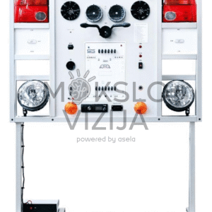 Baltas automobilio apšvietimo sistemos mokymo stendas ant ratukų su priekiniais žibintais, galiniais žibintais, posūkių žibintais, valdymo skydeliu ir matavimo jungtimis.