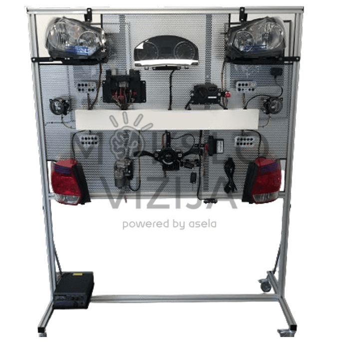 CAN/LIN automobilių apšvietimo mokymo stendas ant metalinio rėmo su priekiniais žibintais, galiniais žibintais, prietaisų skydeliu, valdymo moduliais ir matavimo jungtimis.