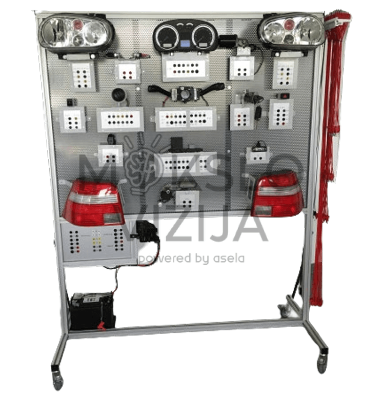 Mobilus Golf 4 apšvietimo mokymo stendas su apšvietimo komponentais, matavimo jungtimis, valdymo elementais ir laidų rinkiniu šone.