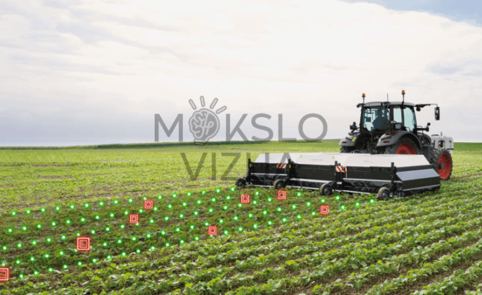 Lauke važiuojanti precizinio purškimo sistema, grafiškai pažymėtos tikslinės purškimo zonos augalų eilėse.