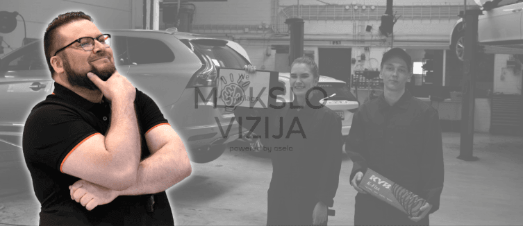 PRODIAGS mokymų vaizdas autoservise su komandos nariais ir užrašu Prodiags.