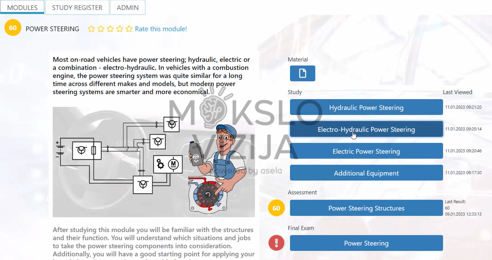 PRODIAGS mokymų platformos ekranas su Power Steering moduliu ir mokymosi skyriais.