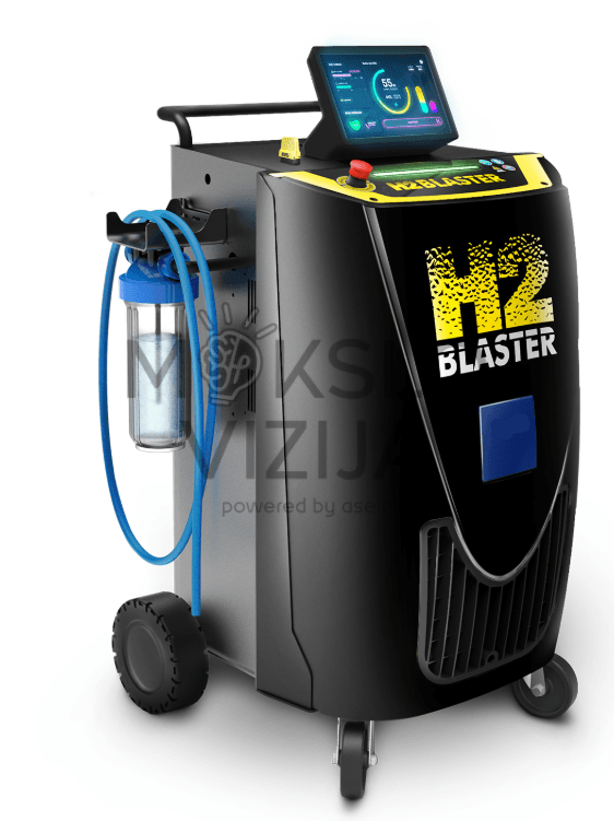 TEXA H2 BLASTER variklio dekarbonizacijos įrenginys su ekranu, ratukais ir prijungtomis žarnomis.