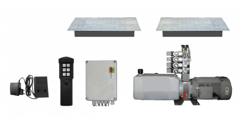 CARTEC GST 4600 FA važiuoklės laisvumo detektoriaus komplektas su dviem testavimo plokštėmis, hidrauliniu agregatu, valdymo pultu ir priedais.