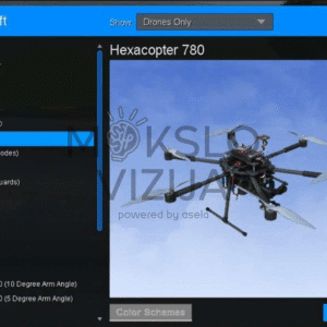 Dronų skrydžio simuliatoriaus programos ekranas su orlaivių pasirinkimo sąrašu ir Hexacopter 780 modelio peržiūra, skirtas profesiniam pilotavimo mokymui.