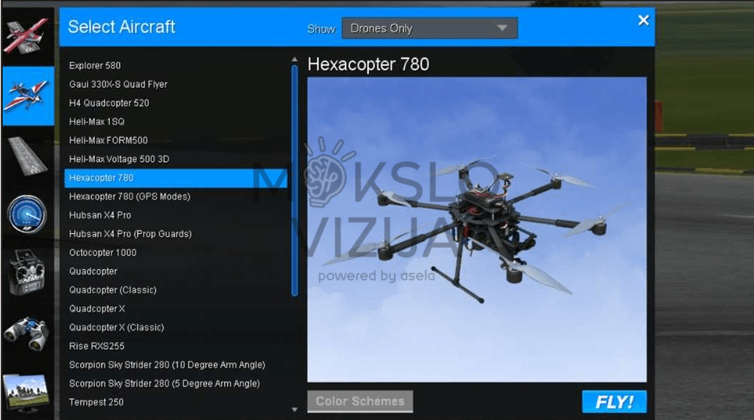 Dronų skrydžio simuliatoriaus programos ekranas su orlaivių pasirinkimo sąrašu ir Hexacopter 780 modelio peržiūra, skirtas profesiniam pilotavimo mokymui.