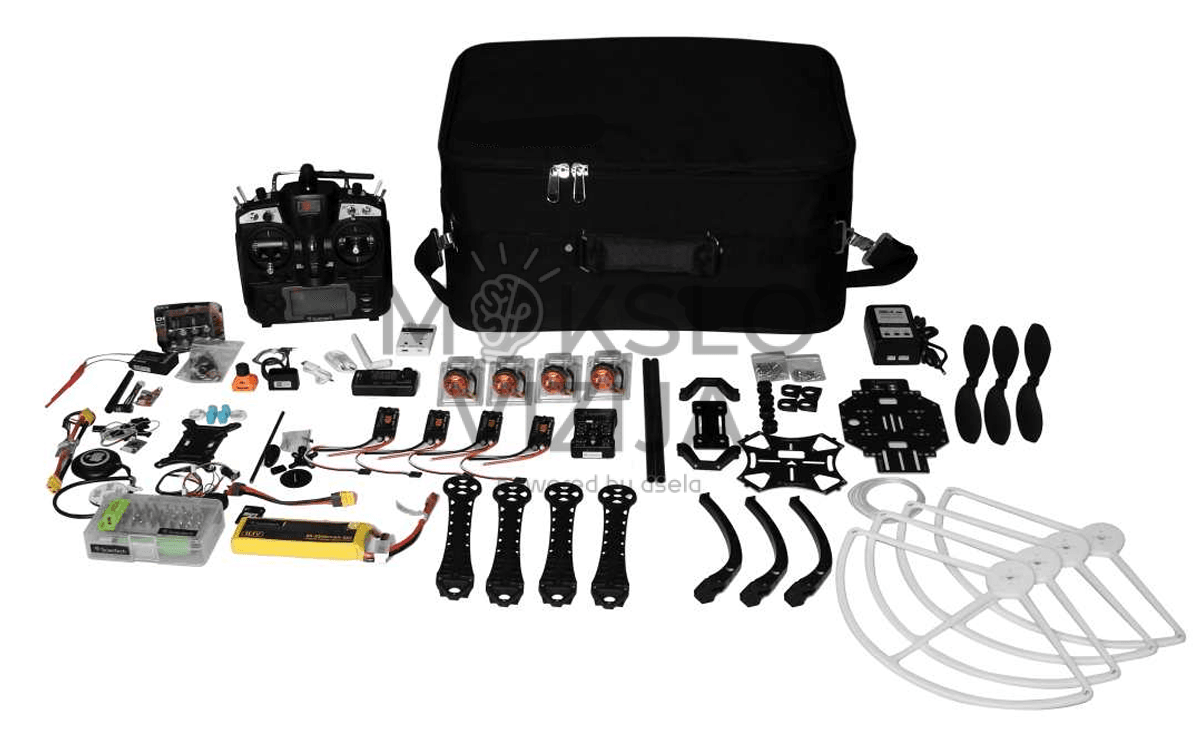 Scientech UAD-01 nesurinkto drono mokymo rinkinys su nuotolinio valdymo pultu, varikliais, ESC, baterija, propeleriais ir surinkimo dalimis, skirtas profesiniam dronų elektronikos mokymui.
