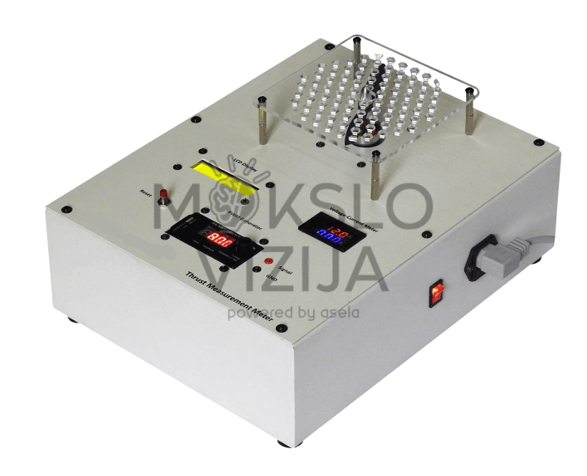 Scientech DN04 traukos matavimo mokymo sistema su voltmetru, ampermetru ir PWM valdikliu, skirta dronų BLDC variklių traukos testavimui.