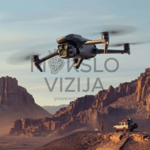 DJI Mavic 3 Pro dronas ant paviršiaus su trijų kamerų „Hasselblad“ sistema, skirtas profesionaliai oro fotografijai ir vaizdo įrašams.
