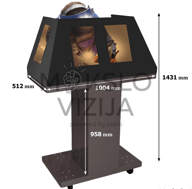Mobilioji suvirinimo kabina su keturiais apsauginiais stiklais ir ratukais, 1431 mm aukščio, skirta saugiam suvirinimo darbui ir demonstracijoms.