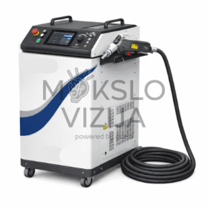 Mobilus pluoštinio lazerio įrenginys AKQH-3000_AT su valdymo ekranu ir rankiniu antgaliu, skirtas valymui, suvirinimui ir pjovimui.