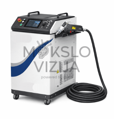 Mobilus pluoštinio lazerio įrenginys AKQH-3000_AT su valdymo ekranu ir rankiniu antgaliu, skirtas valymui, suvirinimui ir pjovimui.