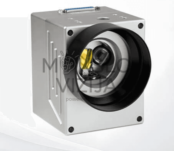 Pramoninė lazerio skenavimo galvutė su optiniu moduliu, naudojama pluoštinio lazerio žymėjimo sistemoje.