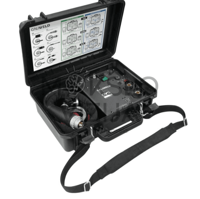 Suvirinimo įrangos kalibravimo lagaminas su integruota matavimo sistema, skirtas įtampos, srovės, vielos greičio ir dujų srauto kontrolei.