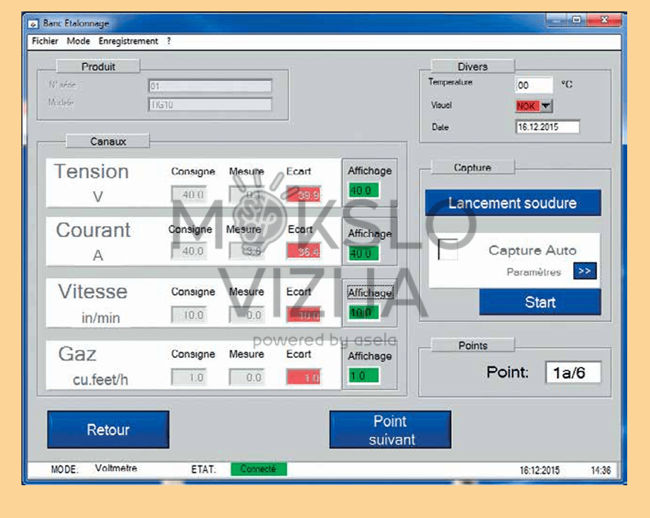 Suvirinimo kalibravimo programinės įrangos sąsaja su įtampos, srovės, vielos greičio ir dujų matavimo rodmenimis.