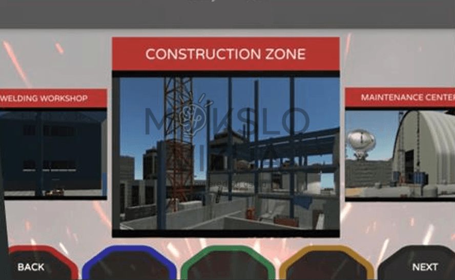 VR suvirinimo simuliatoriaus aplinkos pasirinkimo meniu su dirbtuvių ir statybos zonos scenarijais.