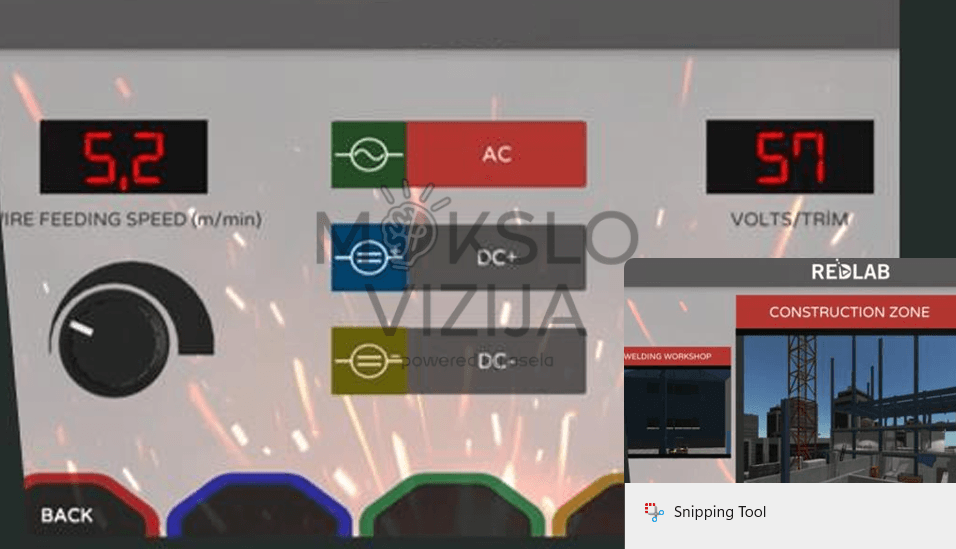 Virtualios realybės suvirinimo simuliatoriaus parametrų ekranas su įtampos ir vielos greičio reguliavimu.