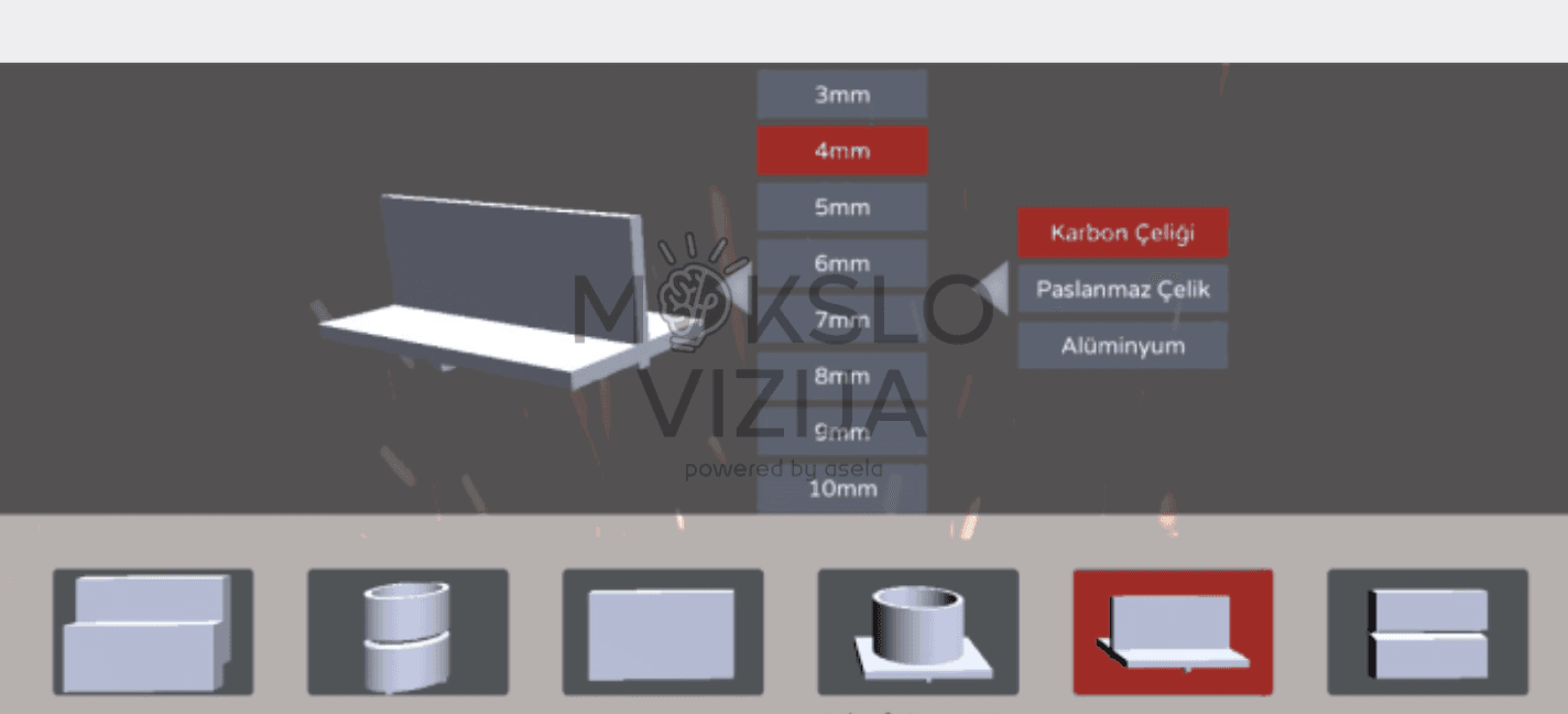 VR suvirinimo simuliatoriaus ekranas su pasirinkimais ruošinio storiui, medžiagai ir suvirinimo užduotims nustatyti.