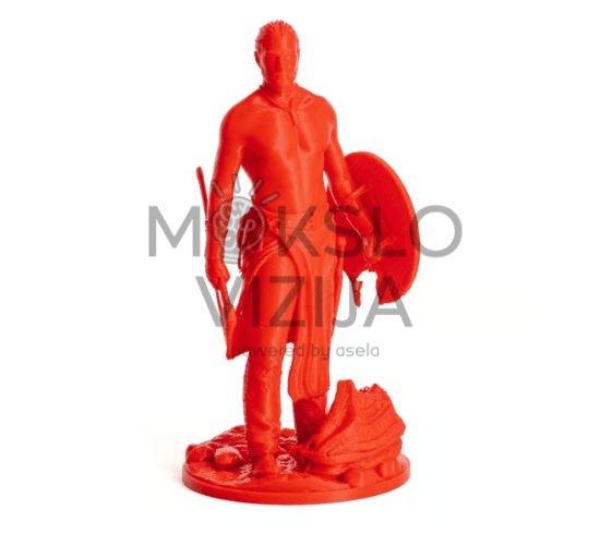 Raudonos spalvos 3D spausdintas modelis, demonstruojantis aukštos kokybės FDM spausdinimo tikslumą ir detales.