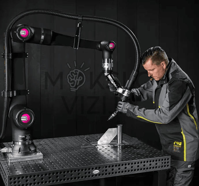 Operatorius valdo cobot robotinę suvirinimo ranką ant suvirinimo stalo, skirtą profesionaliam automatizuotam suvirinimui.