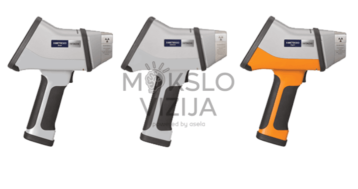 Hitachi X-MET8000 rankinio XRF analizatoriaus skirtingi modeliai metalų ir lydinių analizei.