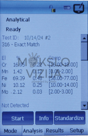 HSM-A310 XRF analizatoriaus ekranas su metalų sudėties analizės rezultatais ir lydinio identifikacija.