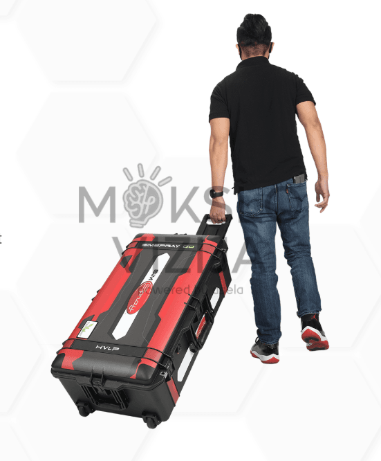 SimSpray GO mobilus VR dažymo simuliatorius lagamine su šalmu ir valdymo pistoletu