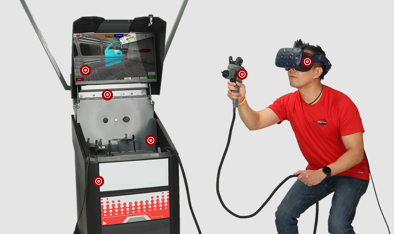 Stacionari SimSpray VR dažymo simuliatoriaus sistema su naudotoju mokymo metu