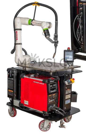 Mobilus suvirinimo cobot sprendimas su suvirinimo šaltiniu, robotine ranka ir valdymo planšete profesinio mokymo laboratorijai.