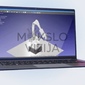 Robotų simuliacijos programinė įranga rodoma nešiojamo kompiuterio ekrane su pramoninio roboto modeliu