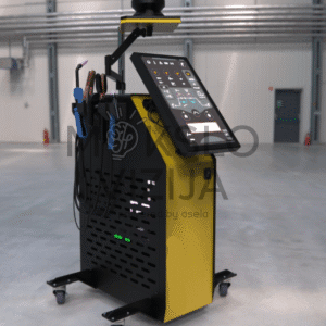 Mobilus virtualus suvirinimo simuliatorius su valdymo ekranu ir suvirinimo įrankių laikikliais.