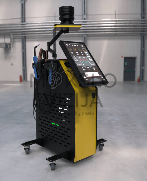 Mobilus virtualus suvirinimo simuliatorius su valdymo ekranu ir suvirinimo įrankių laikikliais.