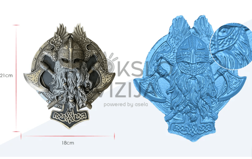 Fizinis dekoratyvinis objektas ir jo nuskenuotas 3D modelis su paryškintomis paviršiaus detalėmis.