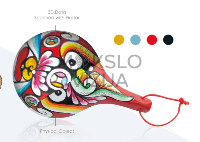 Spalvotas fizinis objektas ir jo 3D skenavimo duomenys su tiksliai atkurtomis spalvomis.